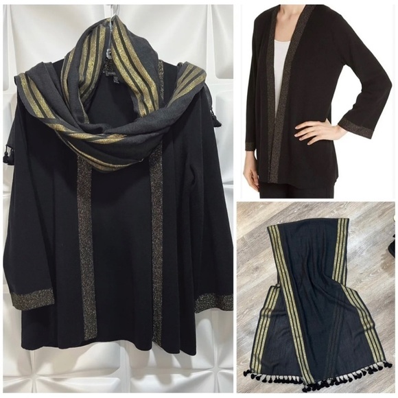 Eileen Fisher Womens Sz PM P M Black Gold ITALIAN Wool Cardigan Tassel Scarf Set